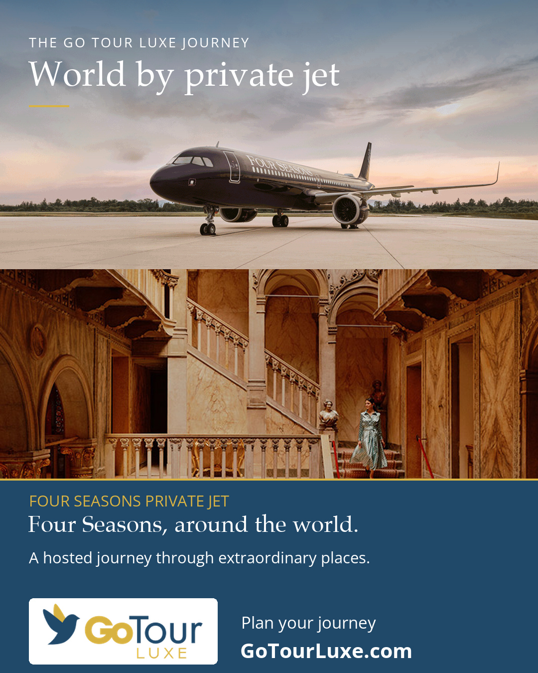 Approved Four Seasons Private Jet Experience artwork showing aircraft and cultural setting